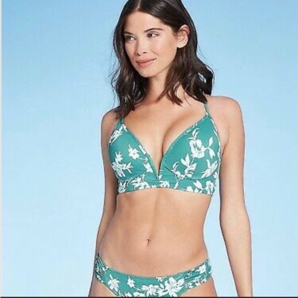 NWT Shade & Shore Size 34B Bikini Top Teal Green Tropical Floral Strappy New